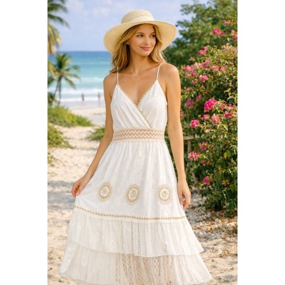 White Sleeveless Surplice Tiered Crochet Eyelet Maxi Dress Sz M Boho Cottagecore